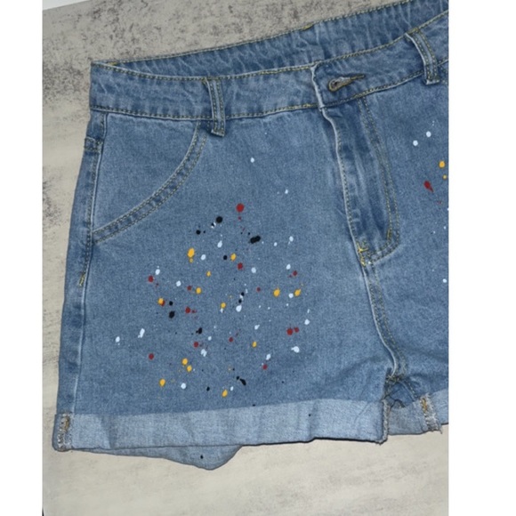 Shein Splash Ink Print Roll Up Hem Denim Shorts - Picture 7 of 8